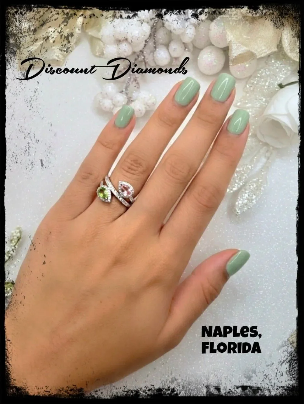 Pink & Green Pear Cut Diamonds & Baguette Diamond Cocktail Ring on 925 Silver